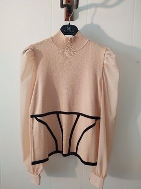 NYT NY&C Medium Peach with Black Detailing Sheer Sleeves Mock Turtleneck Sweater